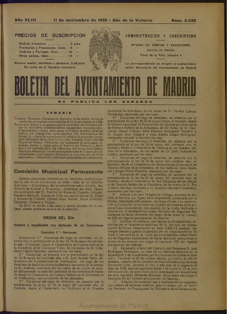 Miniatura de Boletín Oficial del Ayuntamiento de Madrid del 11 de noviembre de 1939, nº 2233