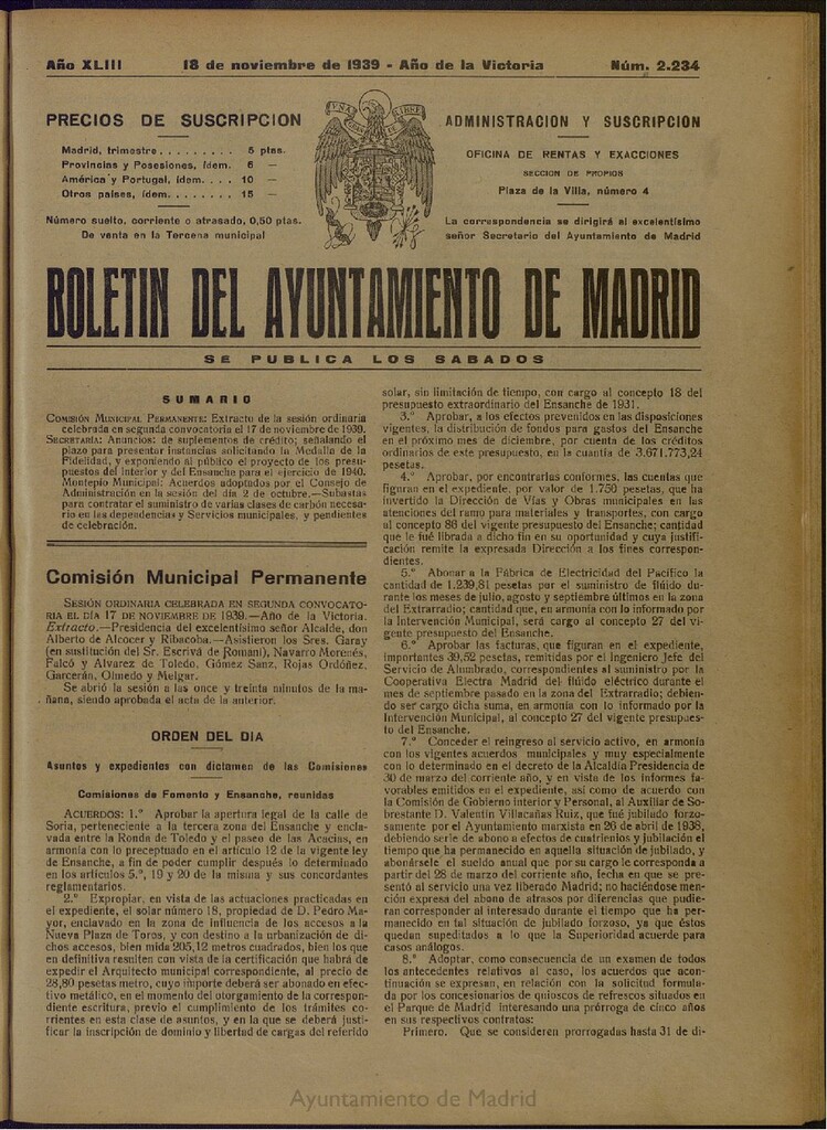 Miniatura de Boletín Oficial del Ayuntamiento de Madrid del 18 de noviembre de 1939, nº 2234