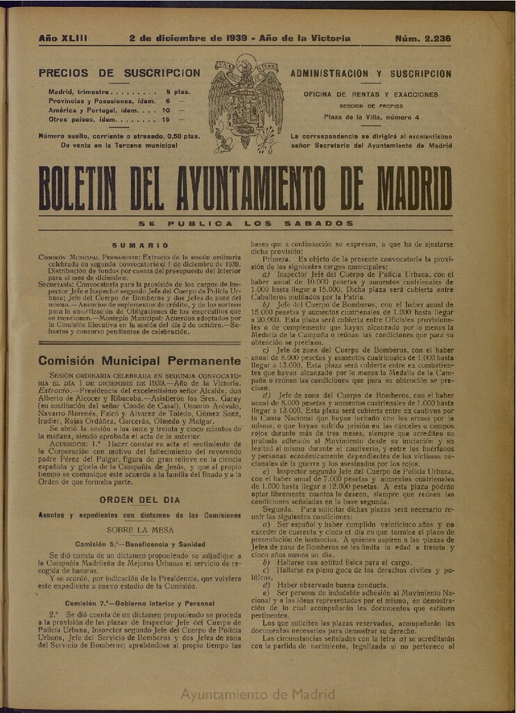 Miniatura de Boletín Oficial del Ayuntamiento de Madrid del 2 de diciembre de 1939, nº 2236
