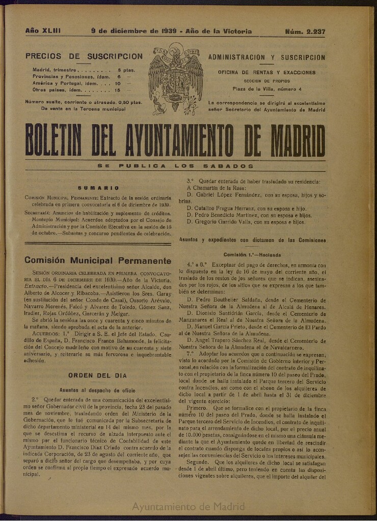 Miniatura de Boletín Oficial del Ayuntamiento de Madrid del 9 de diciembre de 1939, nº 2237