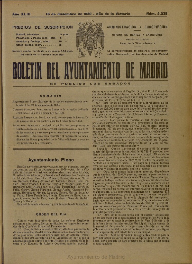 Miniatura de Boletín Oficial del Ayuntamiento de Madrid del 16 de diciembre de 1939, nº 2238