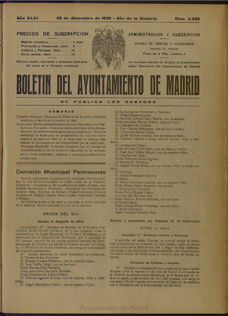 Miniatura de Boletín Oficial del Ayuntamiento de Madrid del 23 de diciembre de 1939, nº 2239