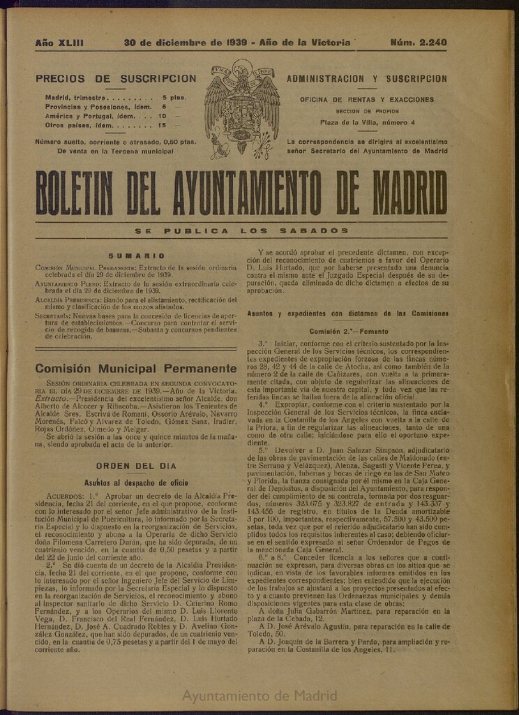 Miniatura de Boletín Oficial del Ayuntamiento de Madrid del 30 de diciembre de 1939, nº 2240