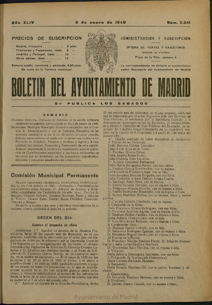Miniatura de Boletín Oficial del Ayuntamiento de Madrid del 6 de enero de 1940, nº 2241