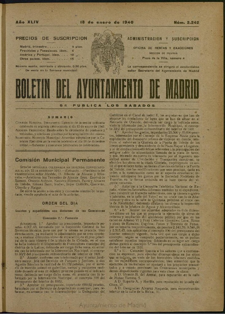 Miniatura de Boletín Oficial del Ayuntamiento de Madrid del 13 de enero de 1940, nº 2242