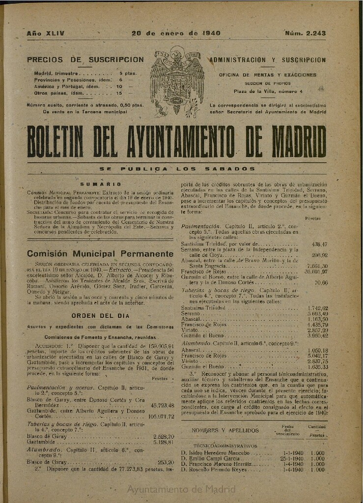 Miniatura de Boletín Oficial del Ayuntamiento de Madrid del 20 de enero de 1940, nº 2243
