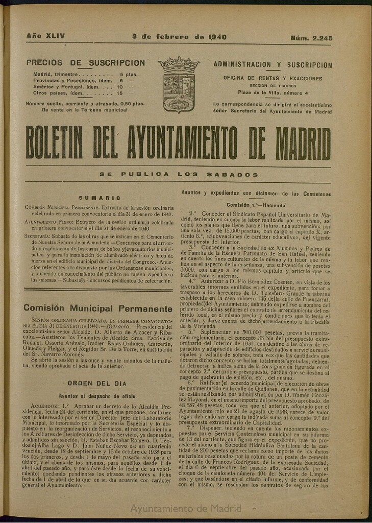 Miniatura de Boletín Oficial del Ayuntamiento de Madrid del 3 de febrero de 1940, nº 2245