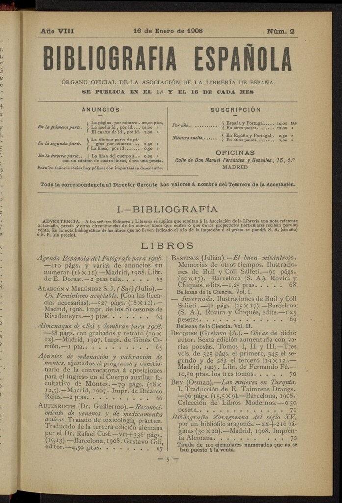 Miniatura de Bibliografía Española del 16 de enero de 1908