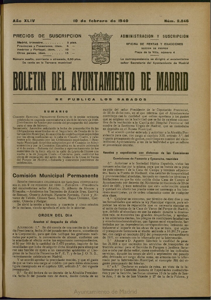 Miniatura de Boletín Oficial del Ayuntamiento de Madrid del 10 de febrero de 1940, nº 2246
