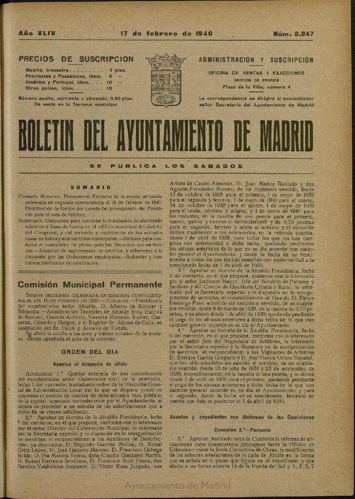 Miniatura de Boletín Oficial del Ayuntamiento de Madrid del 17 de febrero de 1940, nº 2247