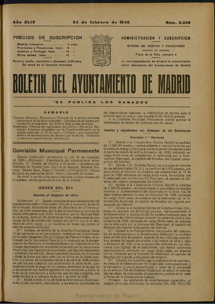 Miniatura de Boletín Oficial del Ayuntamiento de Madrid del 24 de febrero de 1940, nº 2248