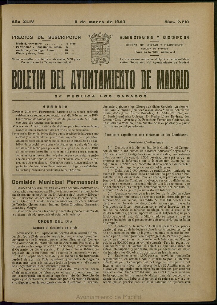 Miniatura de Boletín Oficial del Ayuntamiento de Madrid del 9 de marzo de 1940, nº 2250
