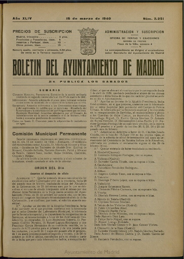 Miniatura de Boletín Oficial del Ayuntamiento de Madrid del 16 de marzo de 1940, nº 2251