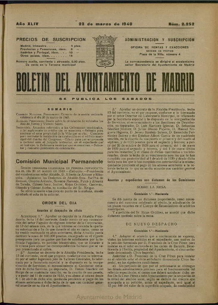 Miniatura de Boletín Oficial del Ayuntamiento de Madrid del 23 de marzo de 1940, nº 2252
