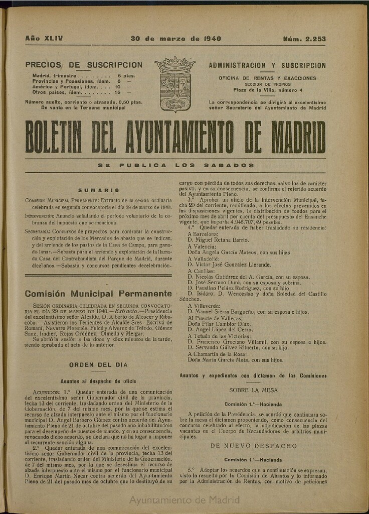 Miniatura de Boletín Oficial del Ayuntamiento de Madrid del 30 de marzo de 1940, nº 2253