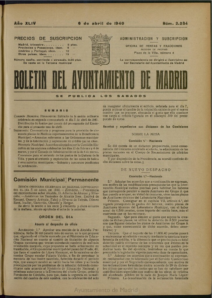 Miniatura de Boletín Oficial del Ayuntamiento de Madrid del 6 de abril de 1940, nº 2254