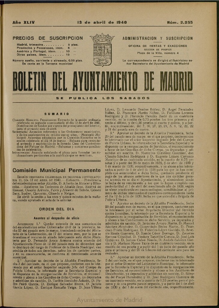 Miniatura de Boletín Oficial del Ayuntamiento de Madrid del 13 de abril de 1940, nº 2255