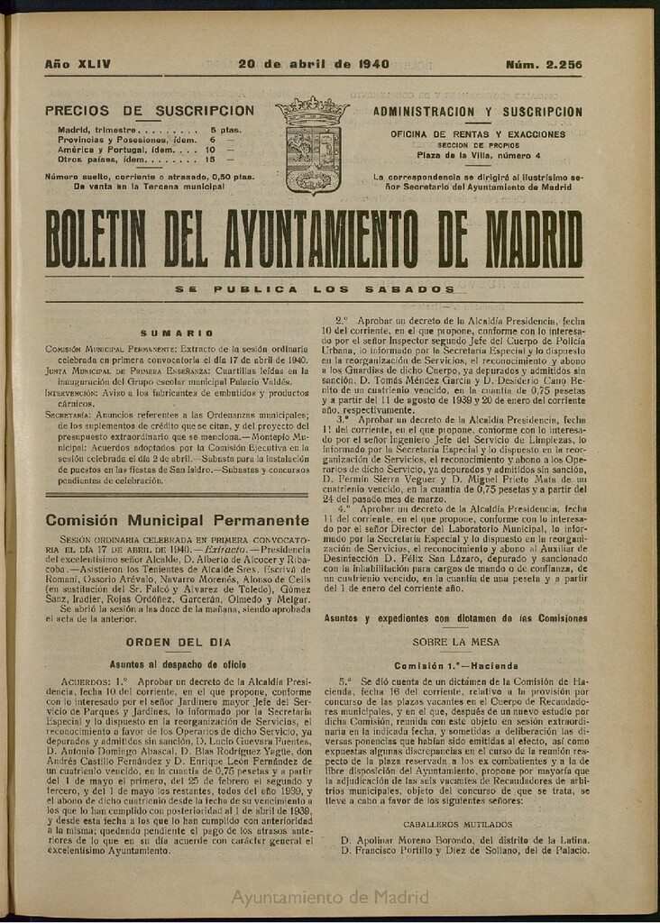 Miniatura de Boletín Oficial del Ayuntamiento de Madrid del 20 de abril de 1940, nº 2256