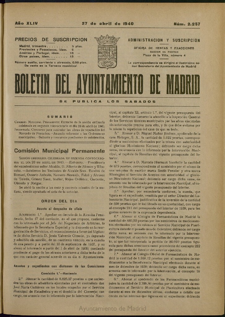 Miniatura de Boletín Oficial del Ayuntamiento de Madrid del 27 de abril de 1940, nº 2257