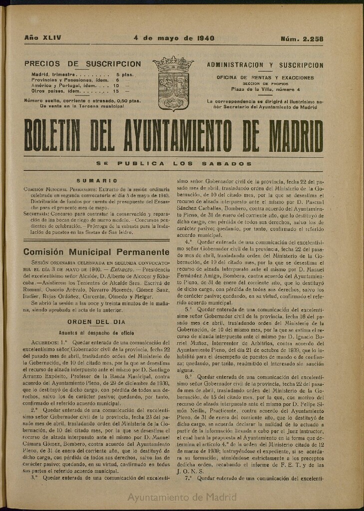 Miniatura de Boletín Oficial del Ayuntamiento de Madrid del 4 de mayo de 1940, nº 2258