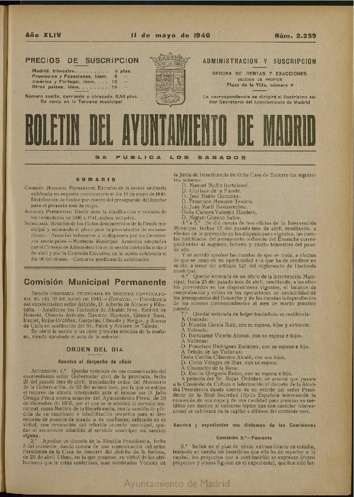 Miniatura de Boletín Oficial del Ayuntamiento de Madrid del 11 de mayo de 1940, nº 2259