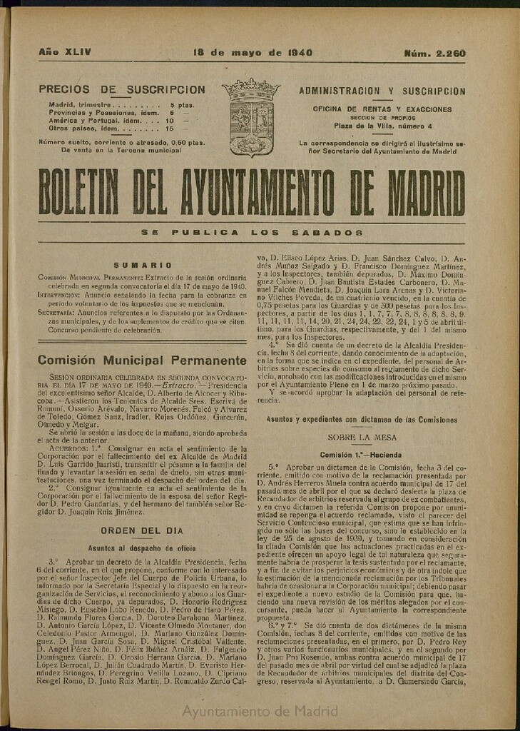 Miniatura de Boletín Oficial del Ayuntamiento de Madrid del 18 de mayo de 1940, nº 2260