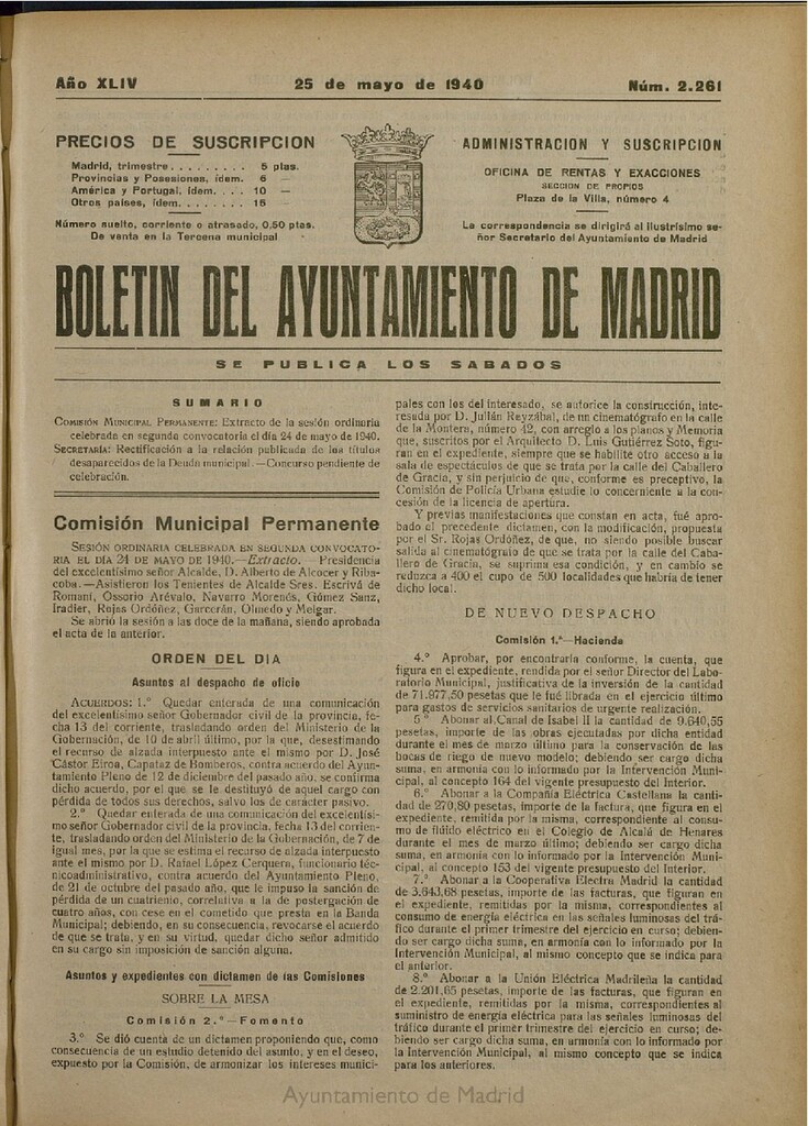 Miniatura de Boletín Oficial del Ayuntamiento de Madrid del 25 de mayo de 1940, nº 2261