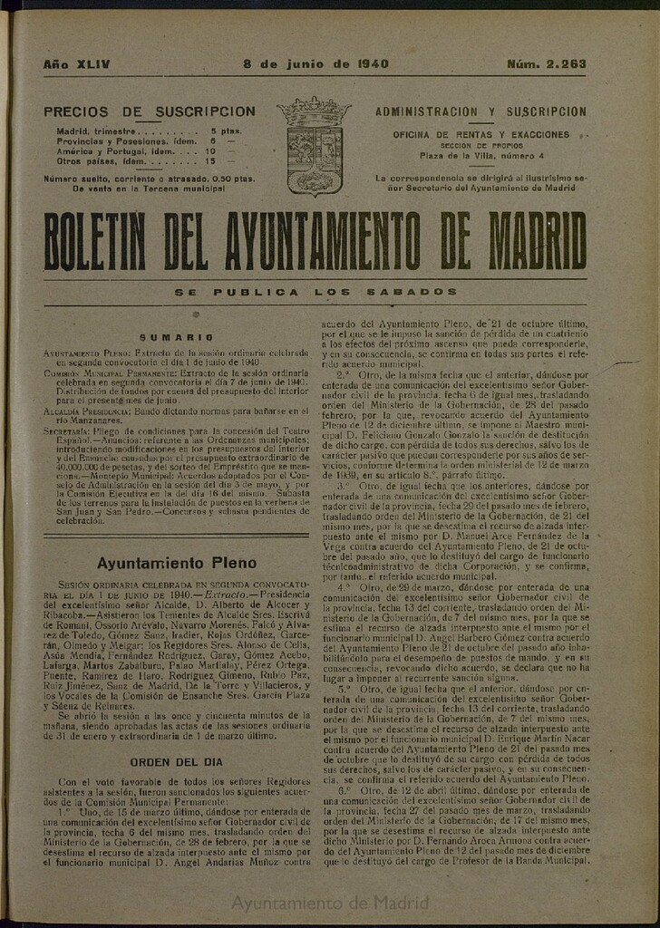 Miniatura de Boletín Oficial del Ayuntamiento de Madrid del 8 de junio de 1940, nº 2263