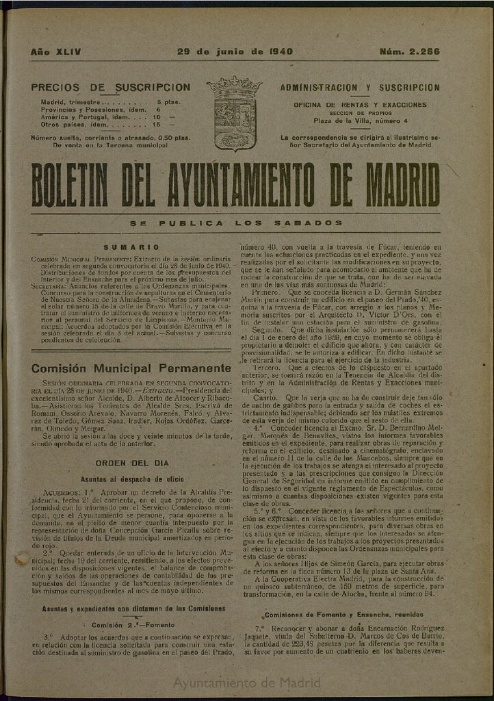 Miniatura de Boletín Oficial del Ayuntamiento de Madrid del 29 de junio de 1940, nº 2266