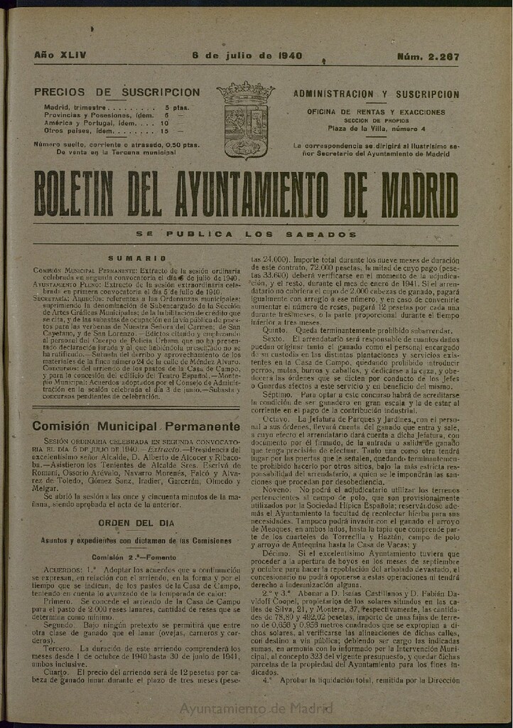 Miniatura de Boletín Oficial del Ayuntamiento de Madrid del 6 de julio de 1940, nº 2267