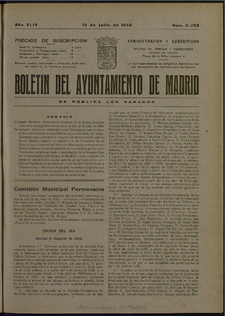 Miniatura de Boletín Oficial del Ayuntamiento de Madrid del 13 de julio de 1940, nº 2268