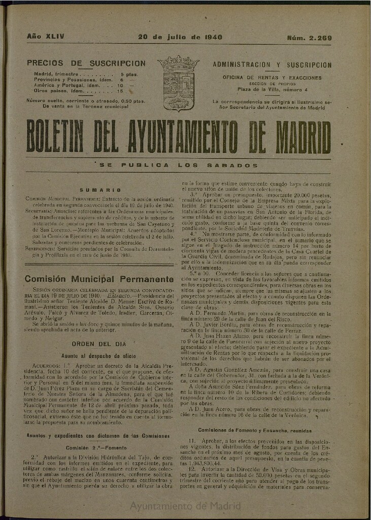 Miniatura de Boletín Oficial del Ayuntamiento de Madrid del 20 de julio de 1940, nº 2269