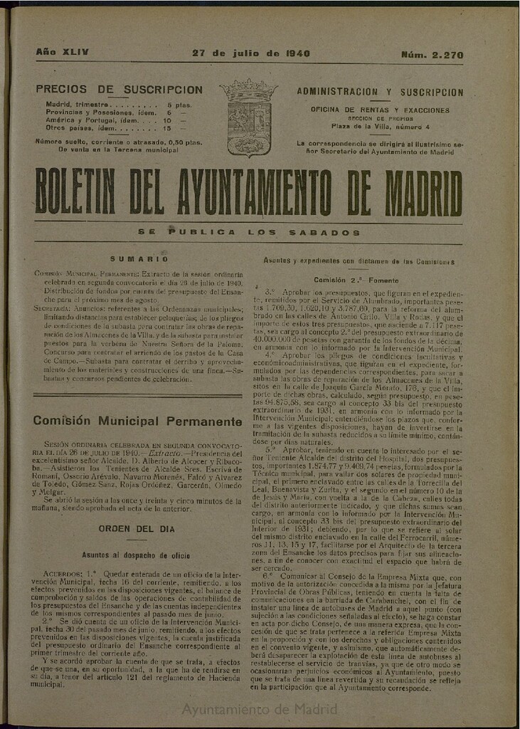 Miniatura de Boletín Oficial del Ayuntamiento de Madrid del 27 de julio de 1940, nº 2270