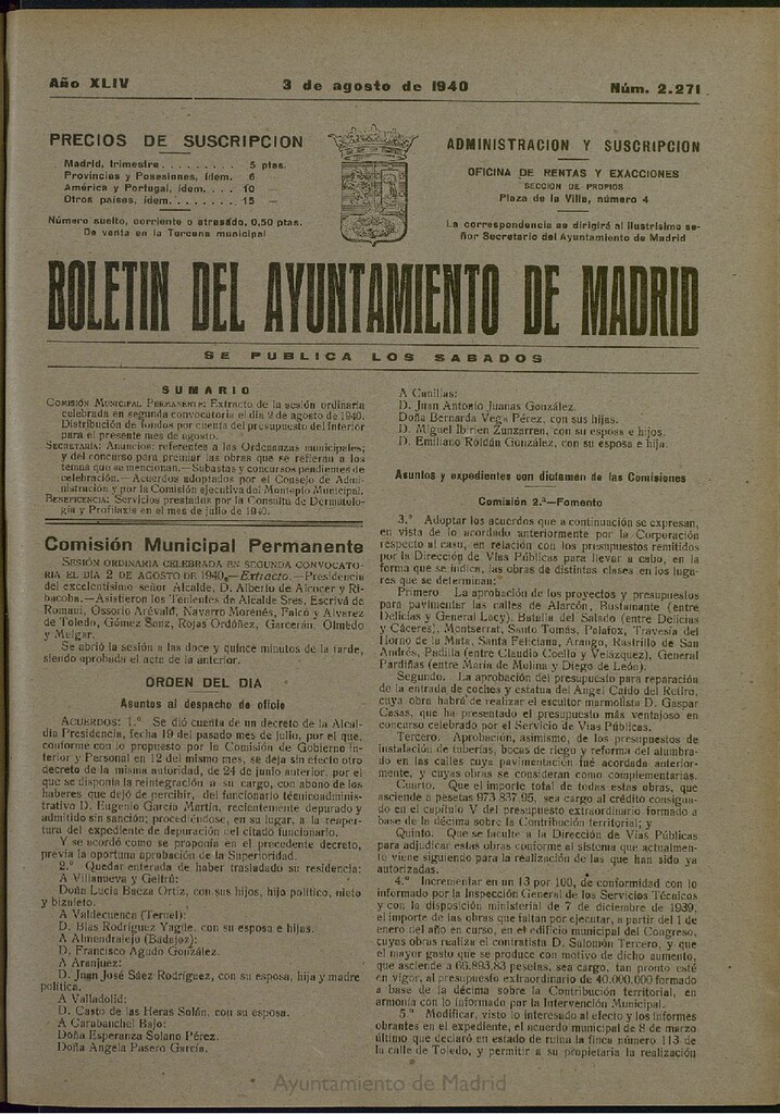 Miniatura de Boletín Oficial del Ayuntamiento de Madrid del 3 de agosto de 1940, nº 2271