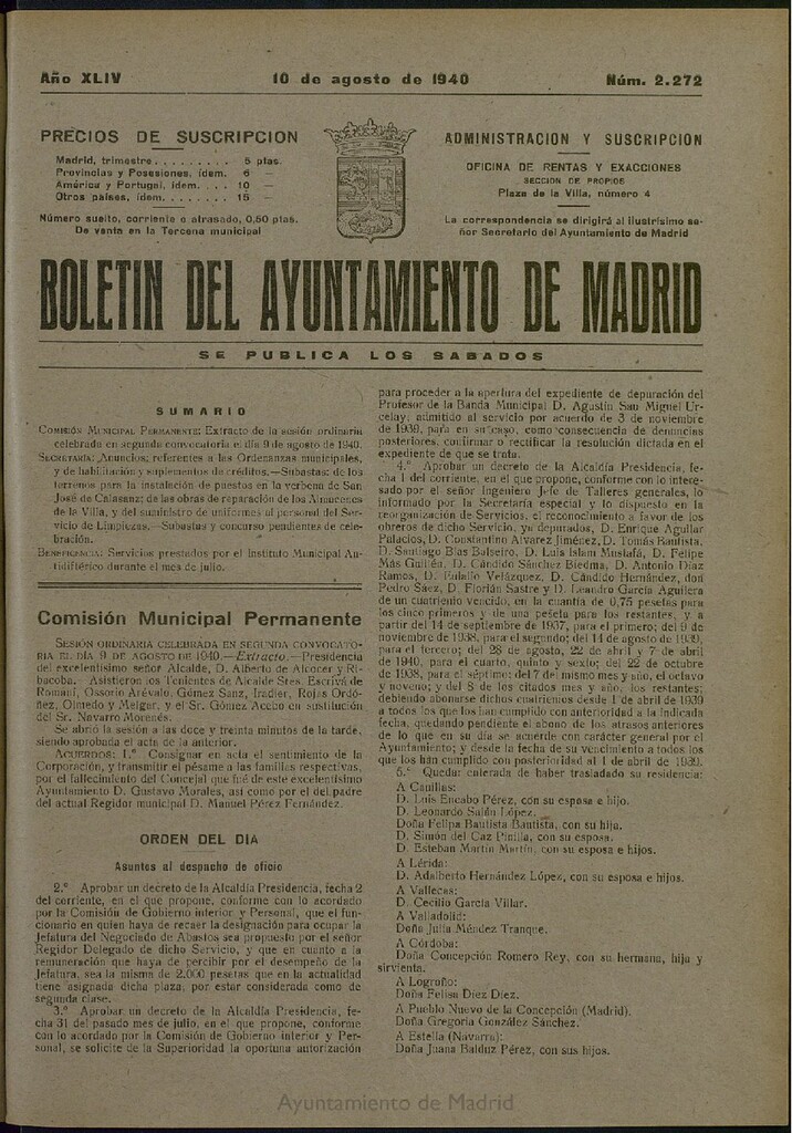 Miniatura de Boletín Oficial del Ayuntamiento de Madrid del 10 de agosto de 1940, nº 2272