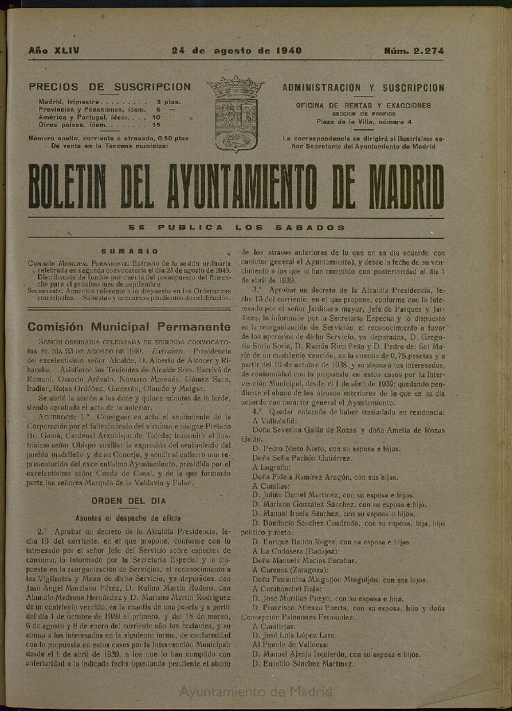 Miniatura de Boletín Oficial del Ayuntamiento de Madrid del 24 de agosto de 1940, nº 2274