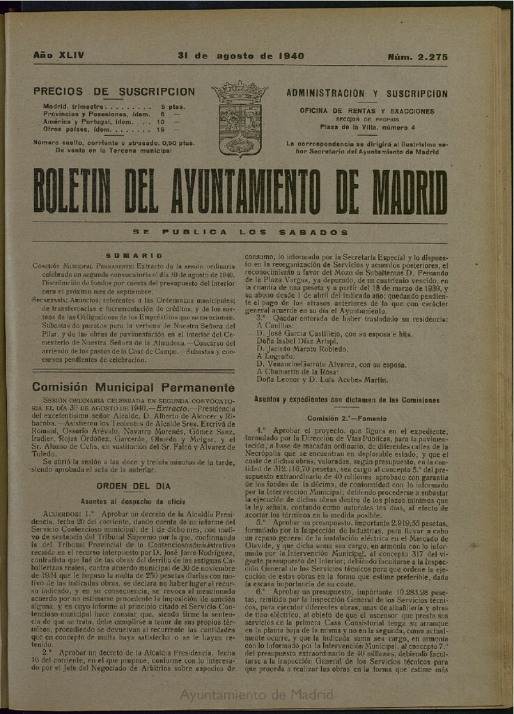 Miniatura de Boletín Oficial del Ayuntamiento de Madrid del 31 de agosto de 1940, nº 2275