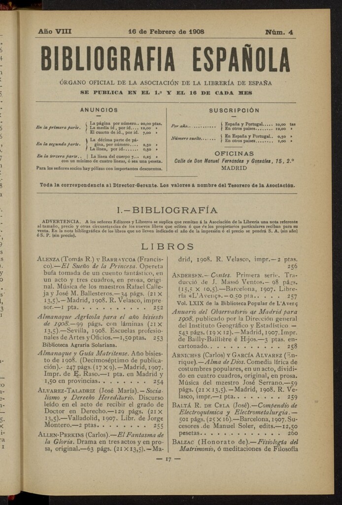 Miniatura de Bibliografía Española del 16 de febrero de 1908