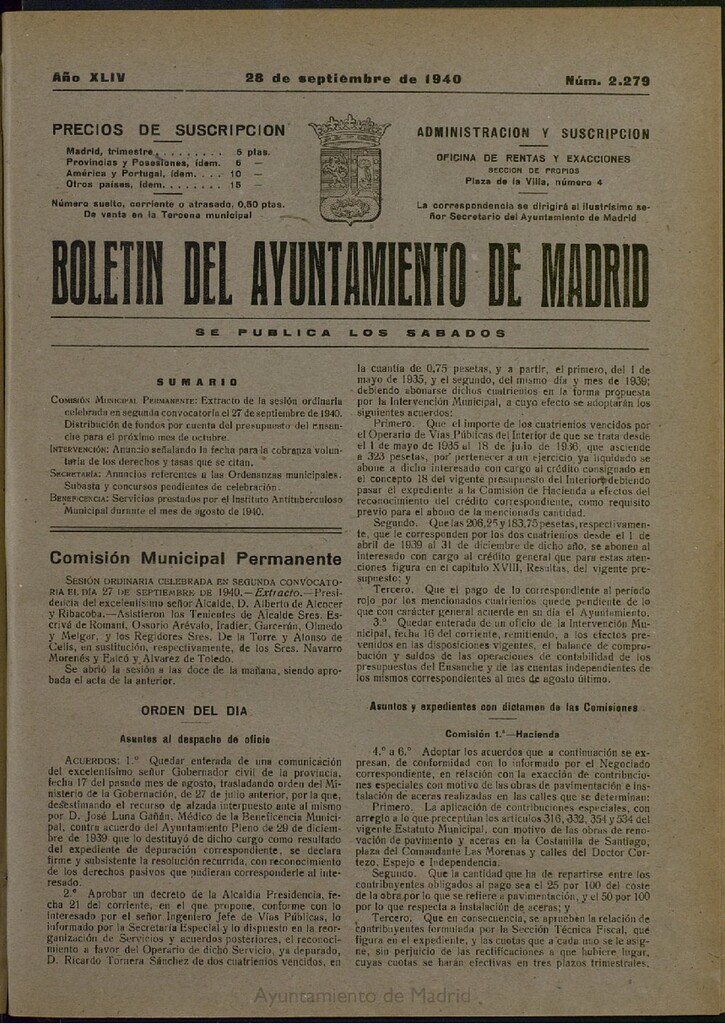 Miniatura de Boletín Oficial del Ayuntamiento de Madrid del 28 de septiembre de 1940, nº 2279