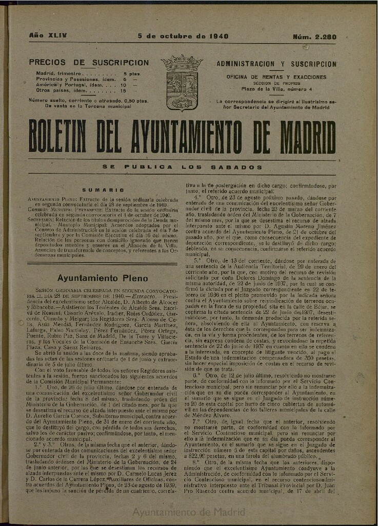 Miniatura de Boletín Oficial del Ayuntamiento de Madrid del 5 de octubre de 1940, nº 2280