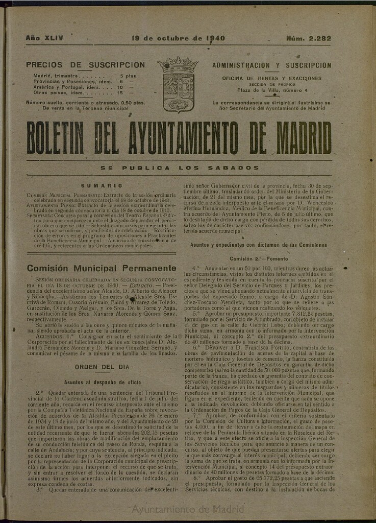 Miniatura de Boletín Oficial del Ayuntamiento de Madrid del 19 de octubre de 1940, nº 2282