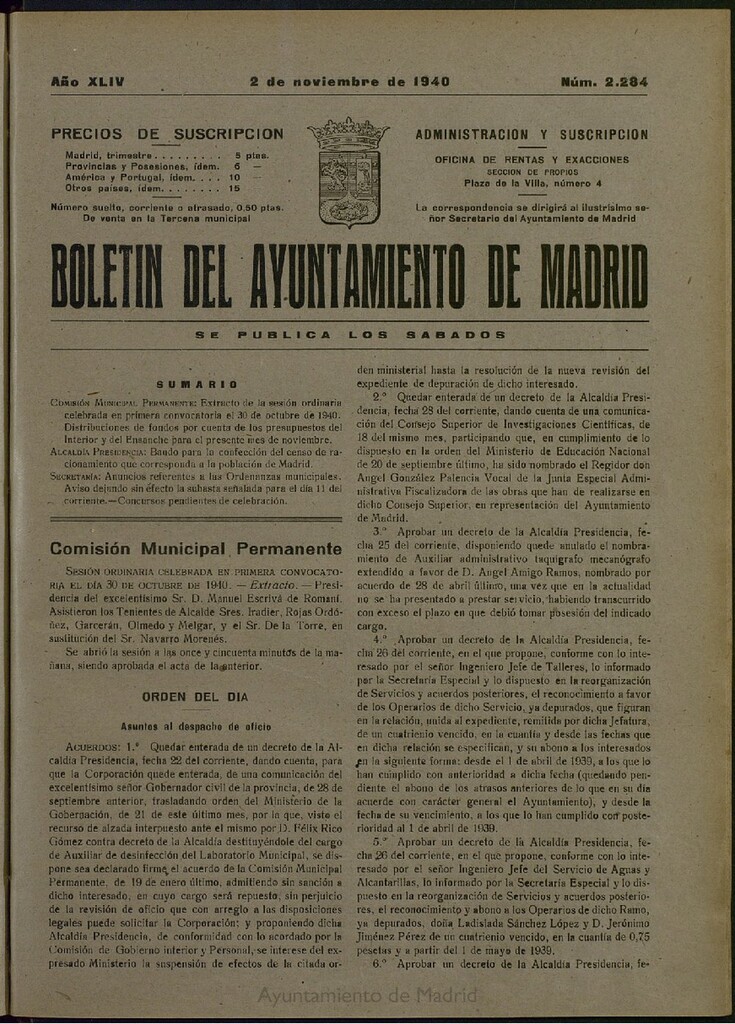 Miniatura de Boletín Oficial del Ayuntamiento de Madrid del 2 de noviembre de 1940, nº 2284