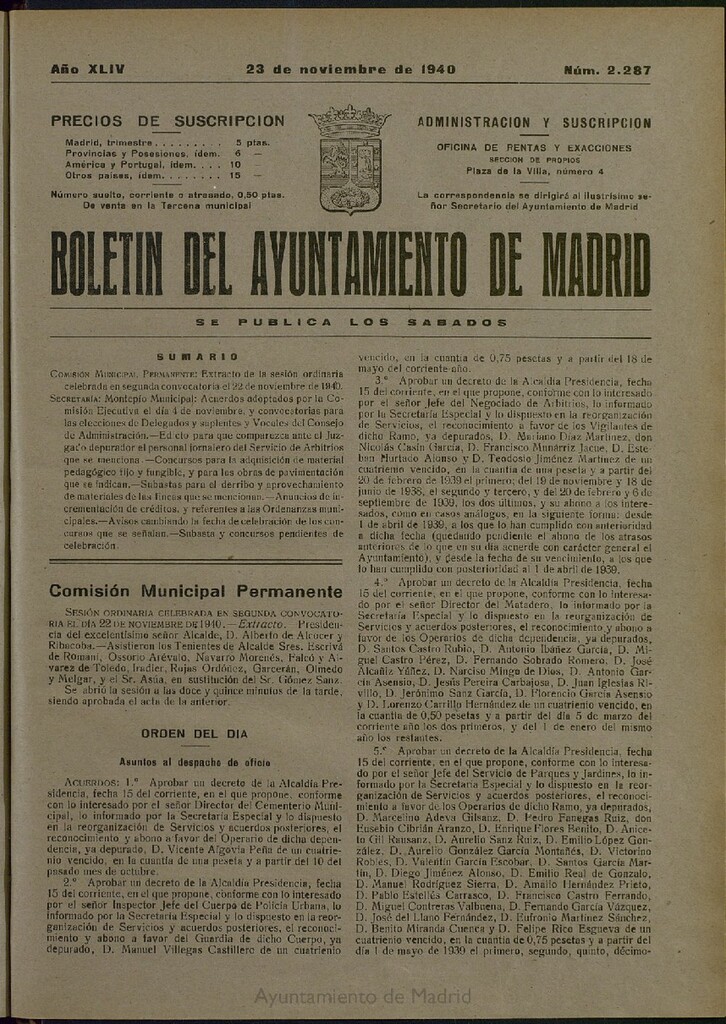 Miniatura de Boletín Oficial del Ayuntamiento de Madrid del 23 de noviembre de 1940, nº 2287