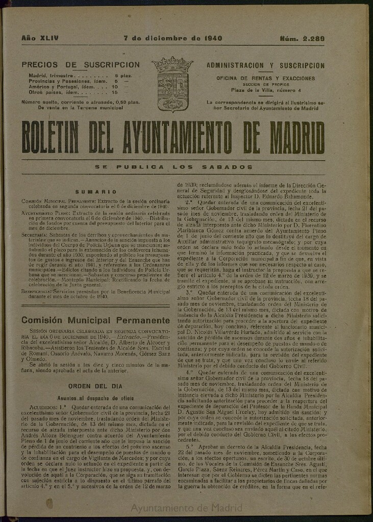 Miniatura de Boletín Oficial del Ayuntamiento de Madrid del 7 de diciembre de 1940, nº 2289