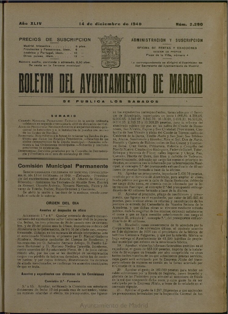 Miniatura de Boletín Oficial del Ayuntamiento de Madrid del 14 de diciembre de 1940, nº 2290