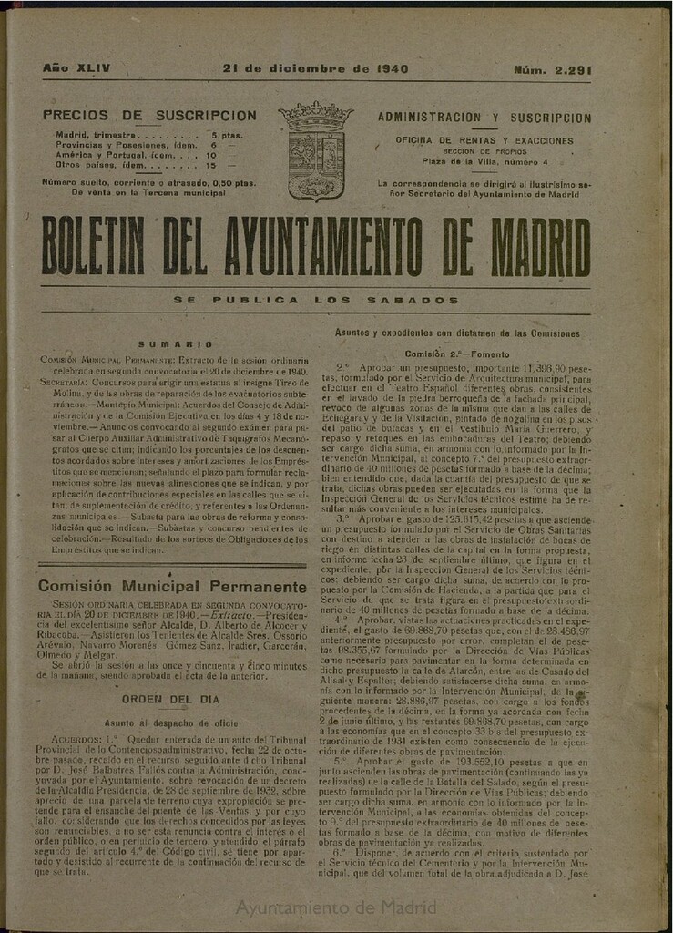Miniatura de Boletín Oficial del Ayuntamiento de Madrid del 21 de diciembre de 1940, nº 2291