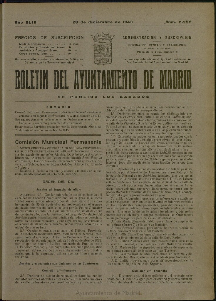 Miniatura de Boletín Oficial del Ayuntamiento de Madrid del 28 de diciembre de 1940, nº 2292