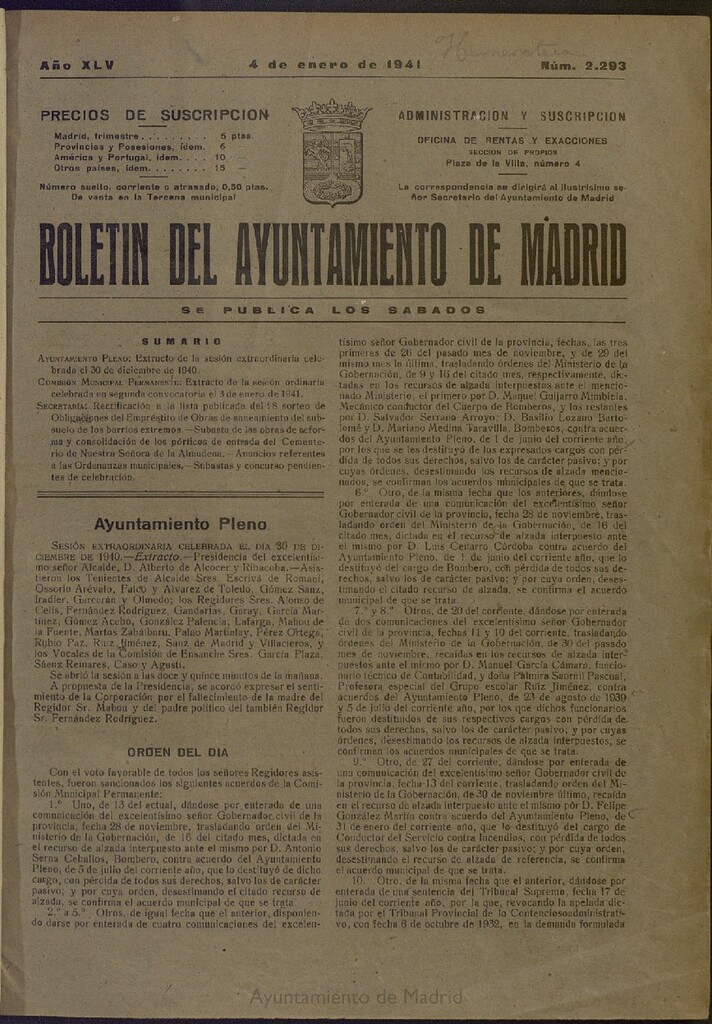 Miniatura de Boletín Oficial del Ayuntamiento de Madrid del 4 de enero de 1941, nº 2293