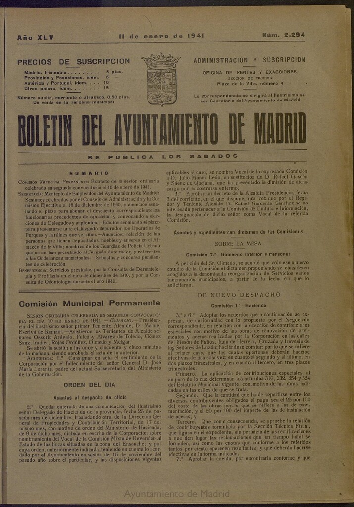 Miniatura de Boletín Oficial del Ayuntamiento de Madrid del 11 de enero de 1941, nº 2294
