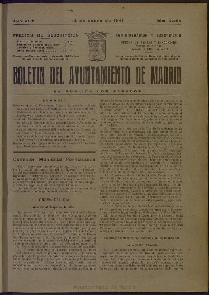 Miniatura de Boletín Oficial del Ayuntamiento de Madrid del 18 de enero de 1941, nº 2295